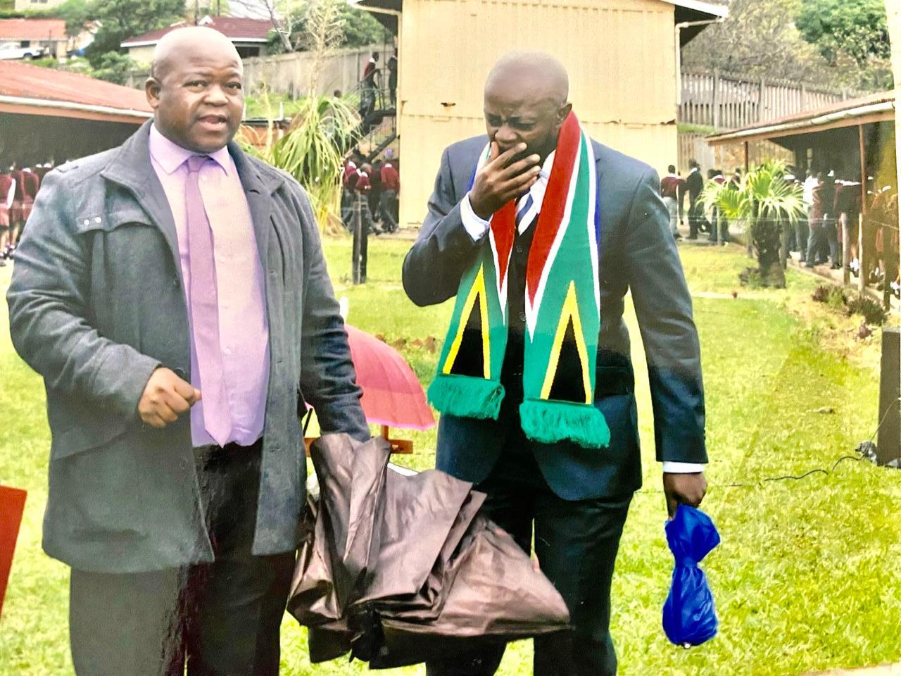 His Excellency Ambassador Thulani Dlomo, with eMbhizwebi School Principal. This is a school where Ambassador Thulani Dlomo attended grade 8 till grade 10. During 1980s.